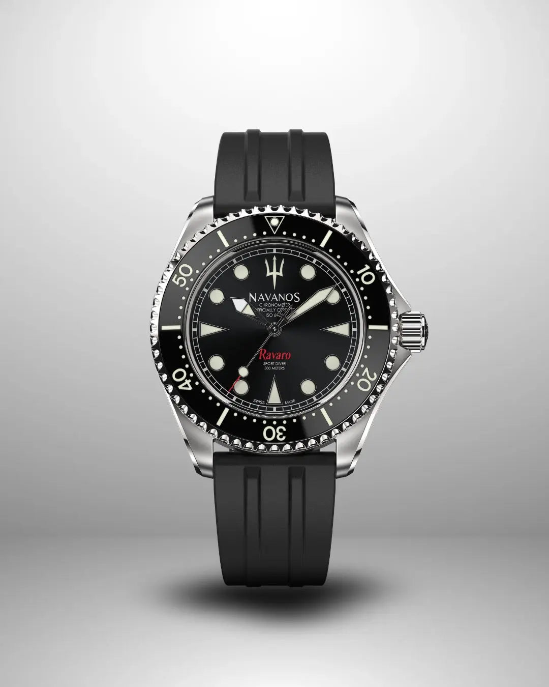 Navanos Ravaro Swiss automatic dive watch with black dial, cream luminous markers and hands, red "Ravaro" script, black ceramic unidirectional bezel, 300m water resistance, COSC-certified Soprod P024 movement, sapphire crystal, and matching black FKM rubber strap, studio shot on light gray background.