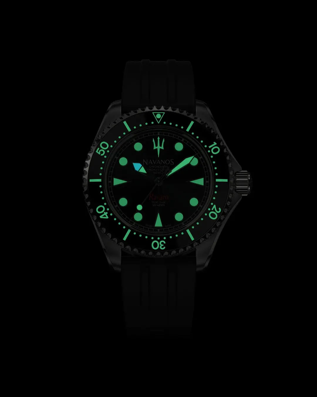 Navanos Ravaro Swiss automatic dive watch in complete darkness with intense green Super-LumiNova lume illuminating the black dial, markers, hands, trident logo, and bezel pip, paired with black FKM rubber strap, 300m water resistance, COSC-certified Soprod P024 movement, studio lume shot on black background.