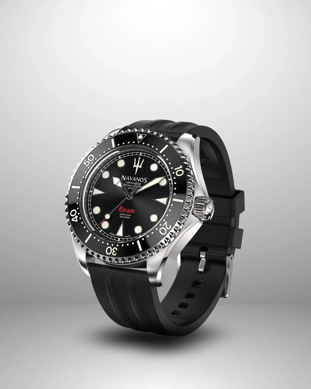 Navanos Ravaro Swiss automatic dive watch side view highlighting black dial with cream luminous markers and hands, red "Ravaro" script, black ceramic unidirectional bezel, signed crown with protectors, 300m water resistance, COSC-certified Soprod P024 movement, and black FKM rubber strap, studio shot on light gray background.