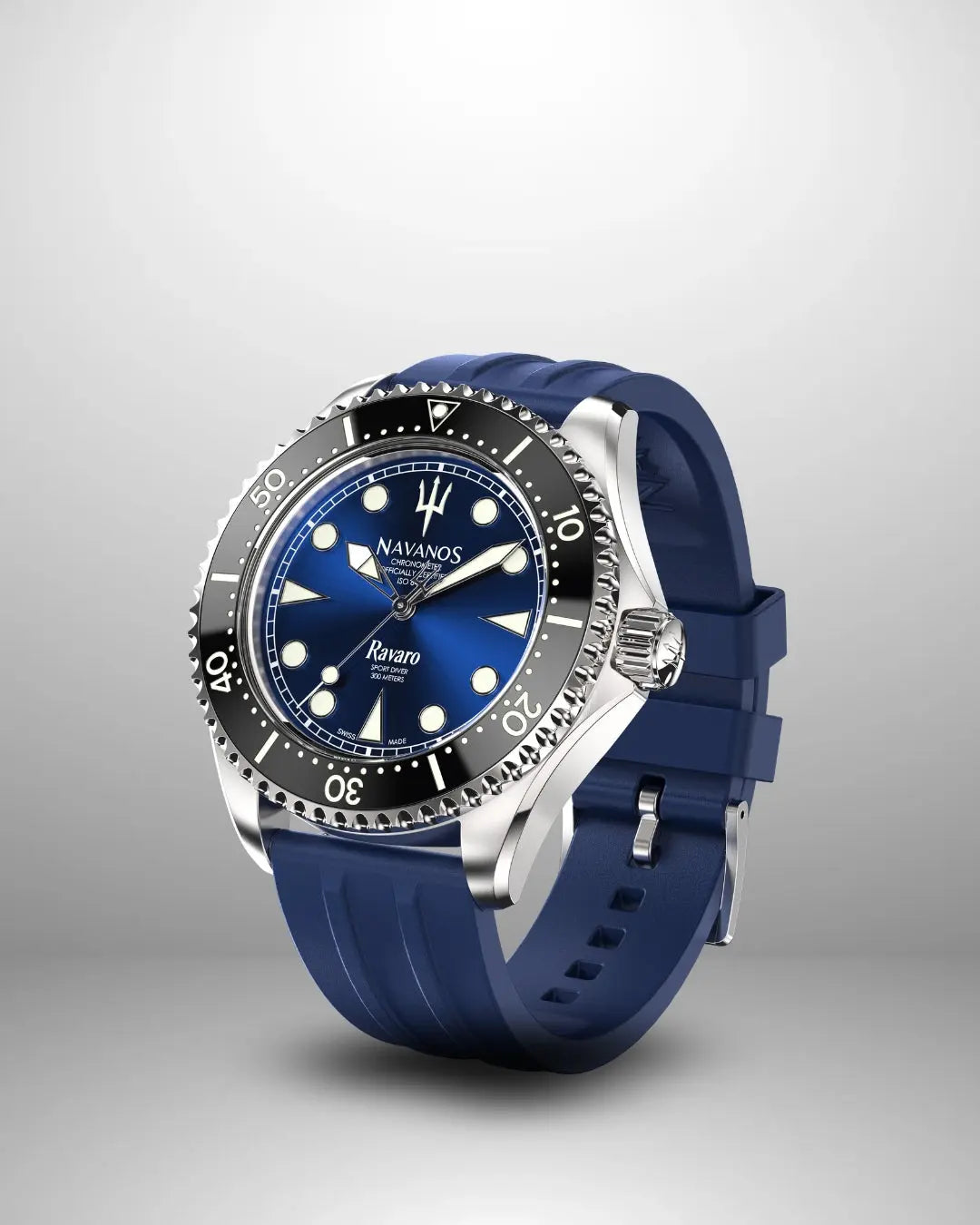Navanos Ravaro Swiss automatic dive watch side view highlighting blue sunburst dial, cream luminous markers and hands, black ceramic unidirectional bezel, signed crown with protectors, 300m water resistance, COSC-certified Soprod P024 movement, and matching blue FKM rubber strap, studio shot on light gray background.