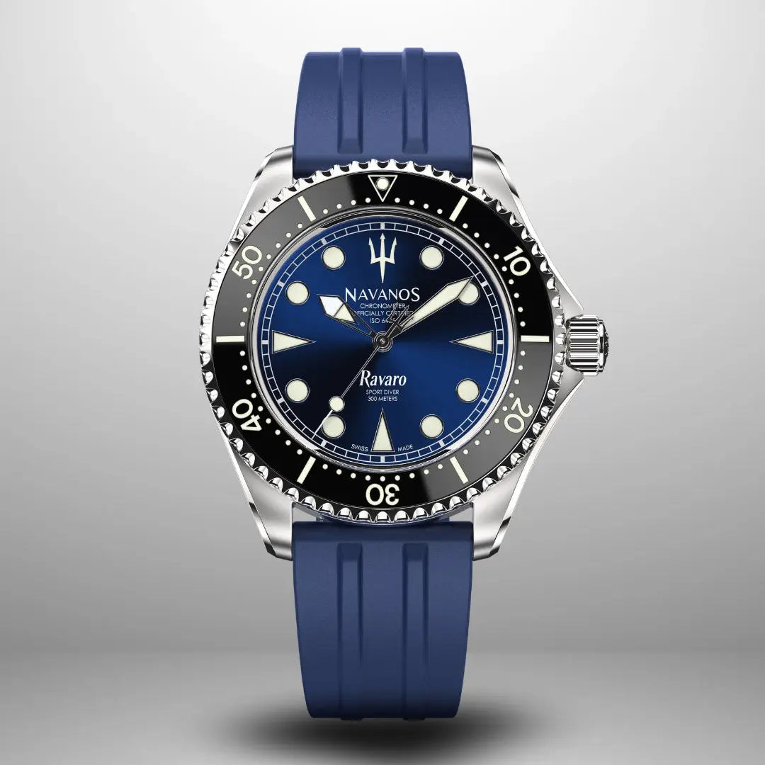 Navanos Ravaro Swiss automatic dive watch with blue sunburst dial, cream luminous markers and hands, black ceramic unidirectional bezel, 300m water resistance, COSC-certified Soprod P024 movement, sapphire crystal, and matching blue FKM rubber strap, front studio shot on light gray background.