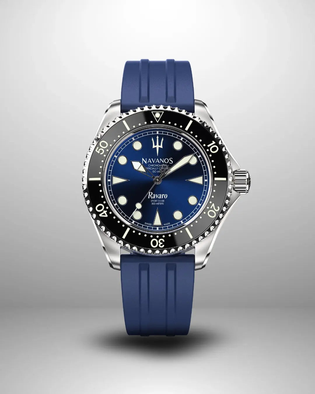 Navanos Ravaro Swiss automatic dive watch with blue sunburst dial, cream luminous markers and hands, black ceramic unidirectional bezel, 300m water resistance, COSC-certified Soprod P024 movement, sapphire crystal, and matching blue FKM rubber strap, front studio shot on light gray background.