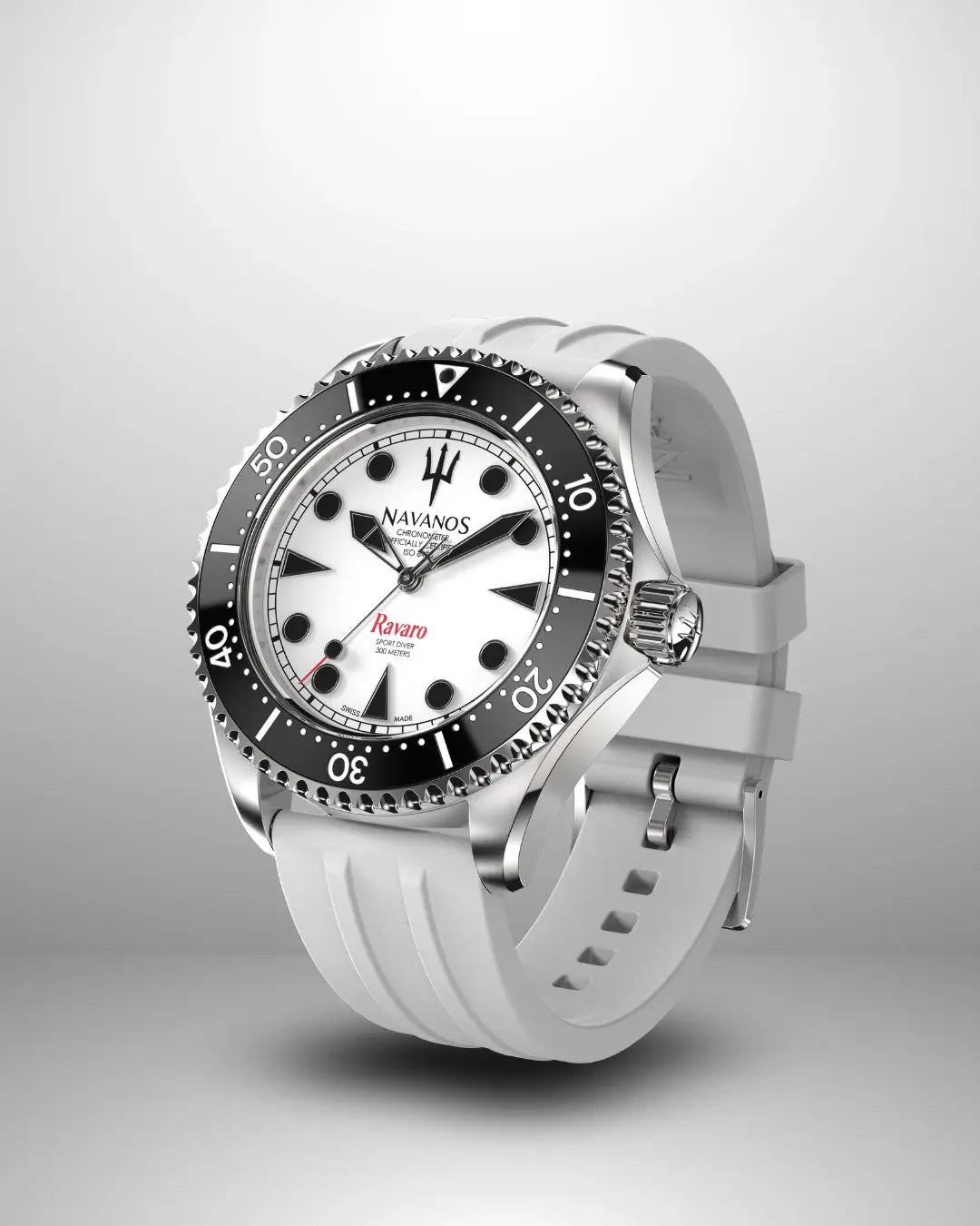 Navanos Ravaro Swiss automatic dive watch with white dial, black luminous markers, red "Ravaro" script, black ceramic unidirectional bezel, 300m water resistance, COSC-certified Soprod P024 movement, sapphire crystal, and matching white FKM rubber strap, angled studio shot on light gray background.