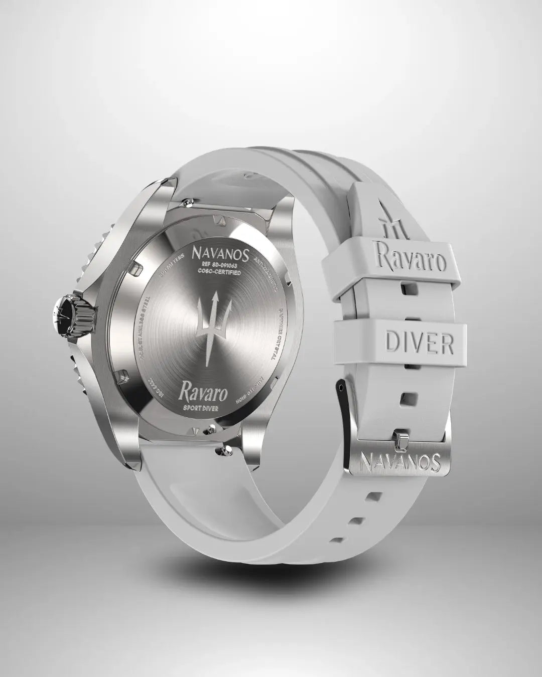 Navanos Ravaro Swiss automatic dive watch caseback view showing engraved trident logo, "Ravaro Sport Diver" script, COSC-certified marking, solid screw-down caseback, paired with coral white FKM rubber strap featuring embossed "Ravaro DIVER" and "NAVANOS" branding, studio shot on light gray background.