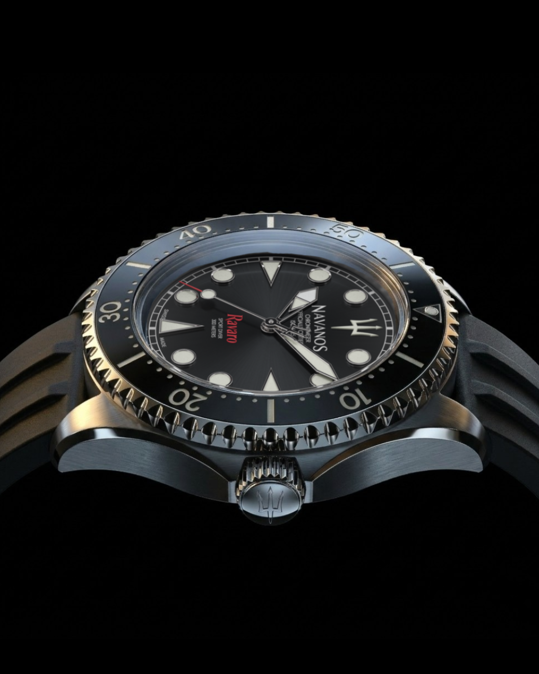 Navanos Ravaro Diver luxury dive watch with onyx black dial and rotating bezel low angle macro showing steel case and crown detail.