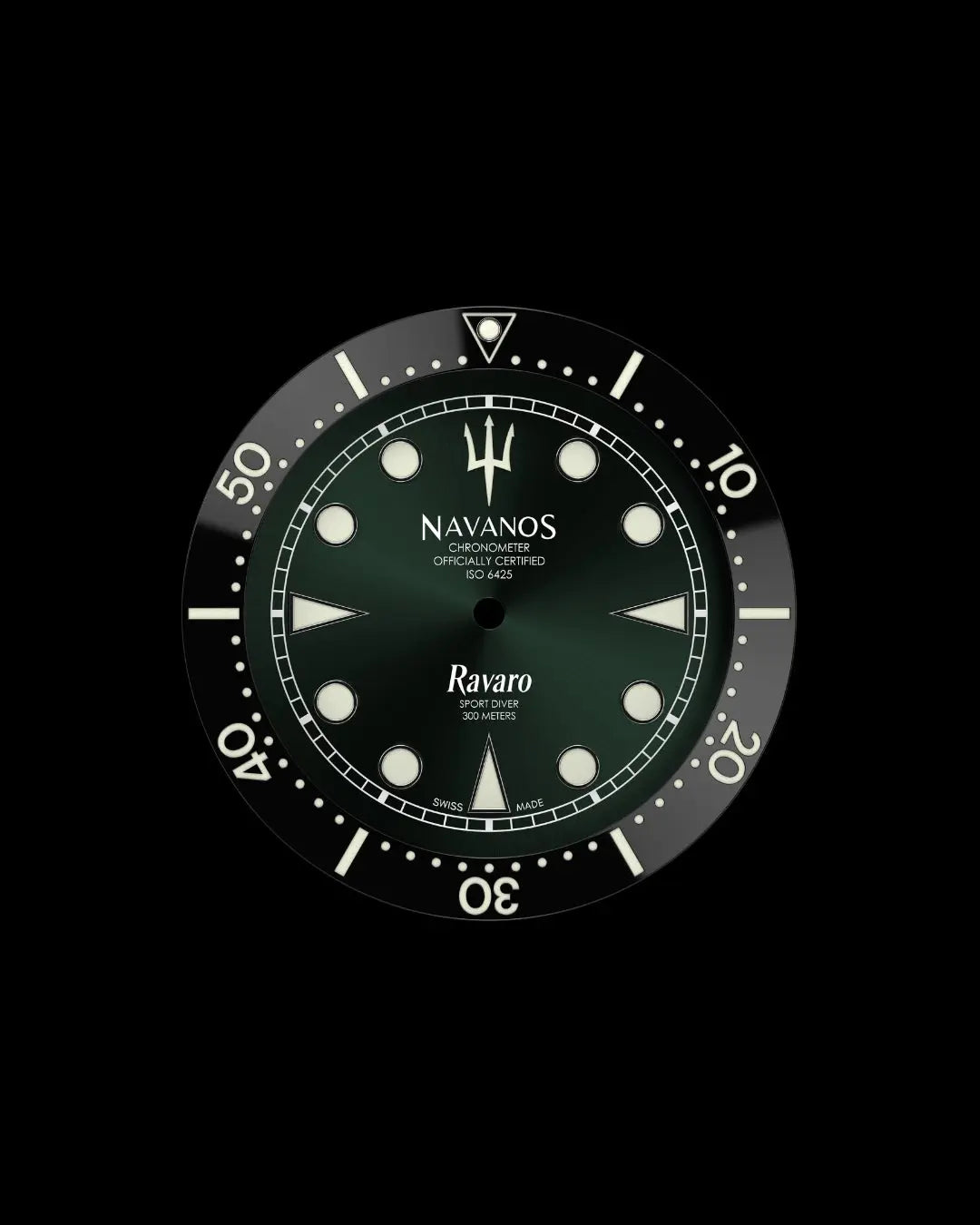 Navanos Ravaro dive watch dial and bezel close-up featuring green sunburst dial with cream luminous markers, trident logo, white "Ravaro" script, "Sport Diver 300 Meters" and "Chronometer Officially Certified ISO 6425" text, black ceramic unidirectional bezel insert with cream numerals, and luminous pip at 12 o'clock, on black background.