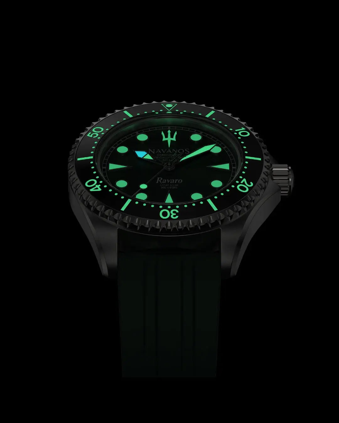 Navanos Ravaro Swiss automatic dive watch in complete darkness lume shot, featuring strong green Super-LumiNova glow on dial, markers, hands, trident logo, and bezel pip, paired with forest green FKM rubber strap, 300m water resistance, COSC-certified Soprod P024 movement, studio shot on black background.
