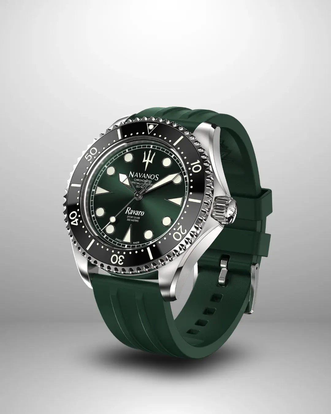 Navanos Ravaro Swiss automatic dive watch side view highlighting green sunburst dial, cream luminous markers and hands, black ceramic unidirectional bezel, signed crown with protectors, 300m water resistance, COSC-certified Soprod P024 movement, and matching piton green FKM rubber strap, studio shot on light gray background.
