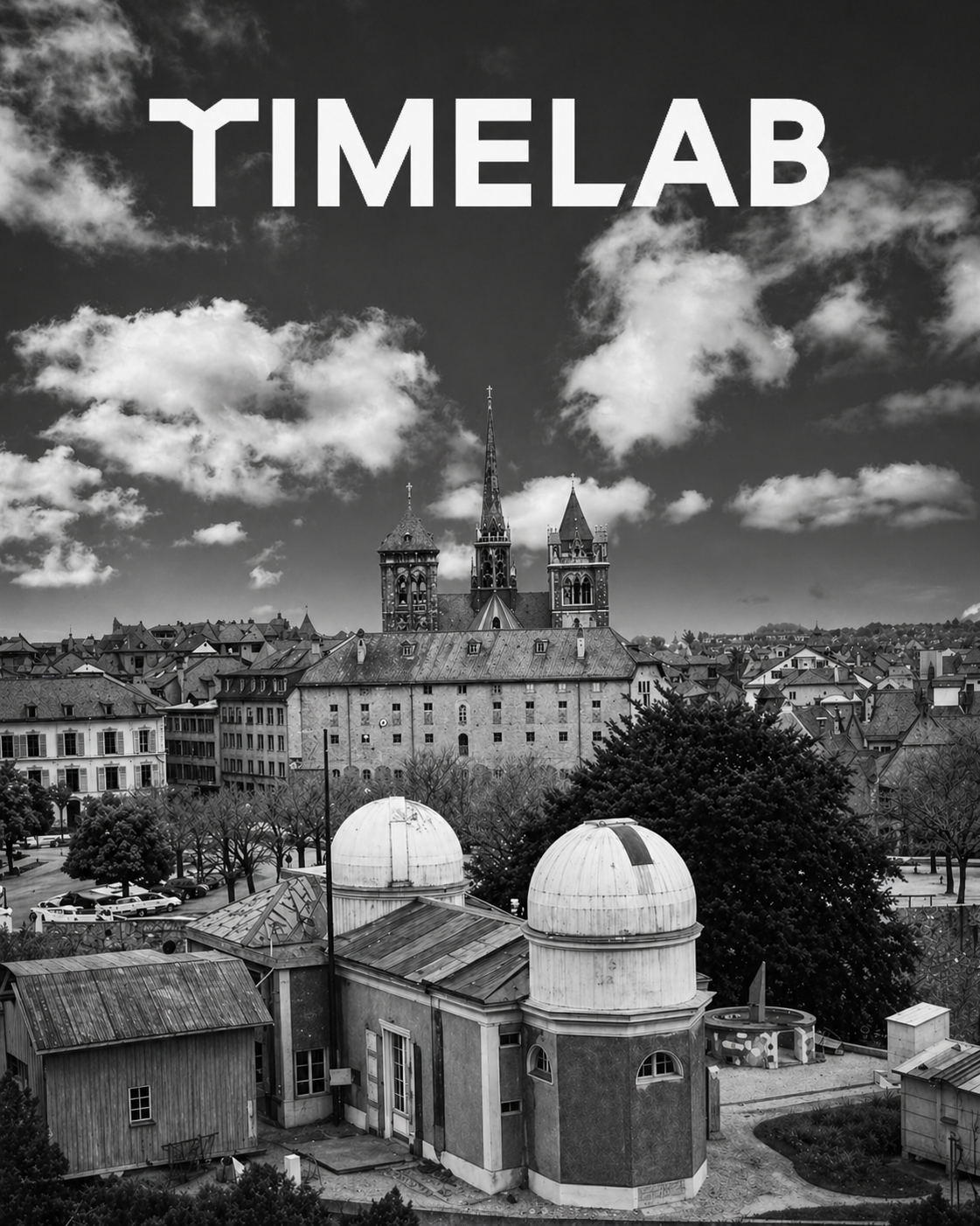 TIMELAB Switzerland independent watch testing laboratory building with city skyline in black and white.