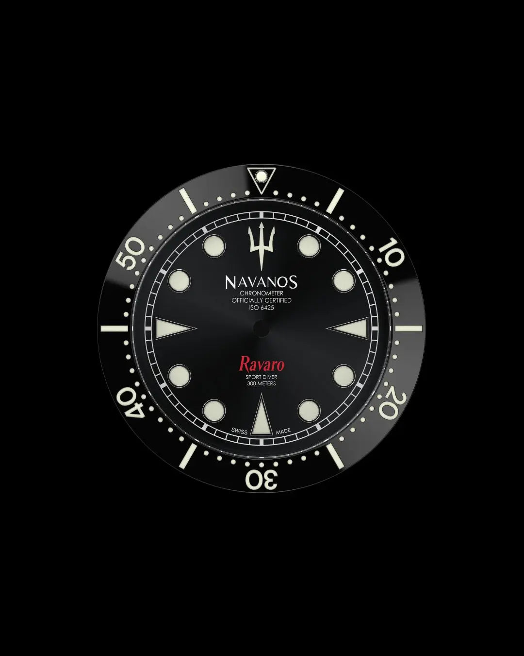 Navanos Ravaro dive watch dial and bezel close-up featuring black dial with cream luminous markers, trident logo, red "Ravaro" script, "Sport Diver 300 Meters" and "Chronometer Officially Certified ISO 6425" text, black ceramic unidirectional bezel insert with cream numerals, and luminous pip at 12 o'clock, on black background.