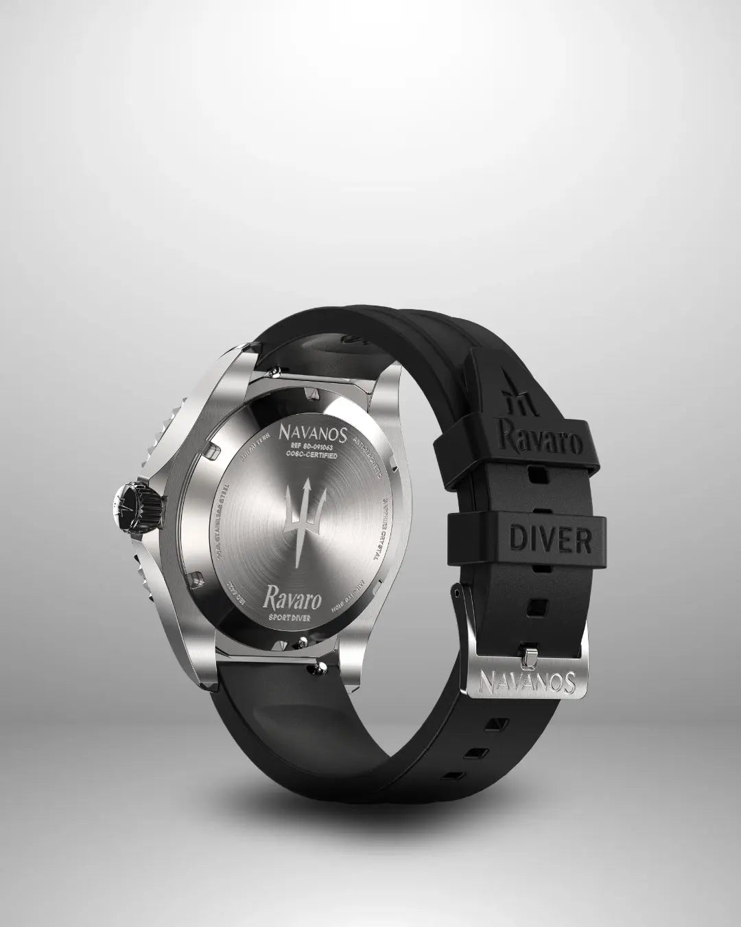 Navanos Ravaro Swiss automatic dive watch caseback view showing engraved trident logo, "Ravaro Sport Diver" script, COSC-certified marking, solid screw-down stainless steel caseback, paired with black FKM rubber strap featuring embossed "Ravaro DIVER" and "NAVANOS" branding, studio shot on light gray background.