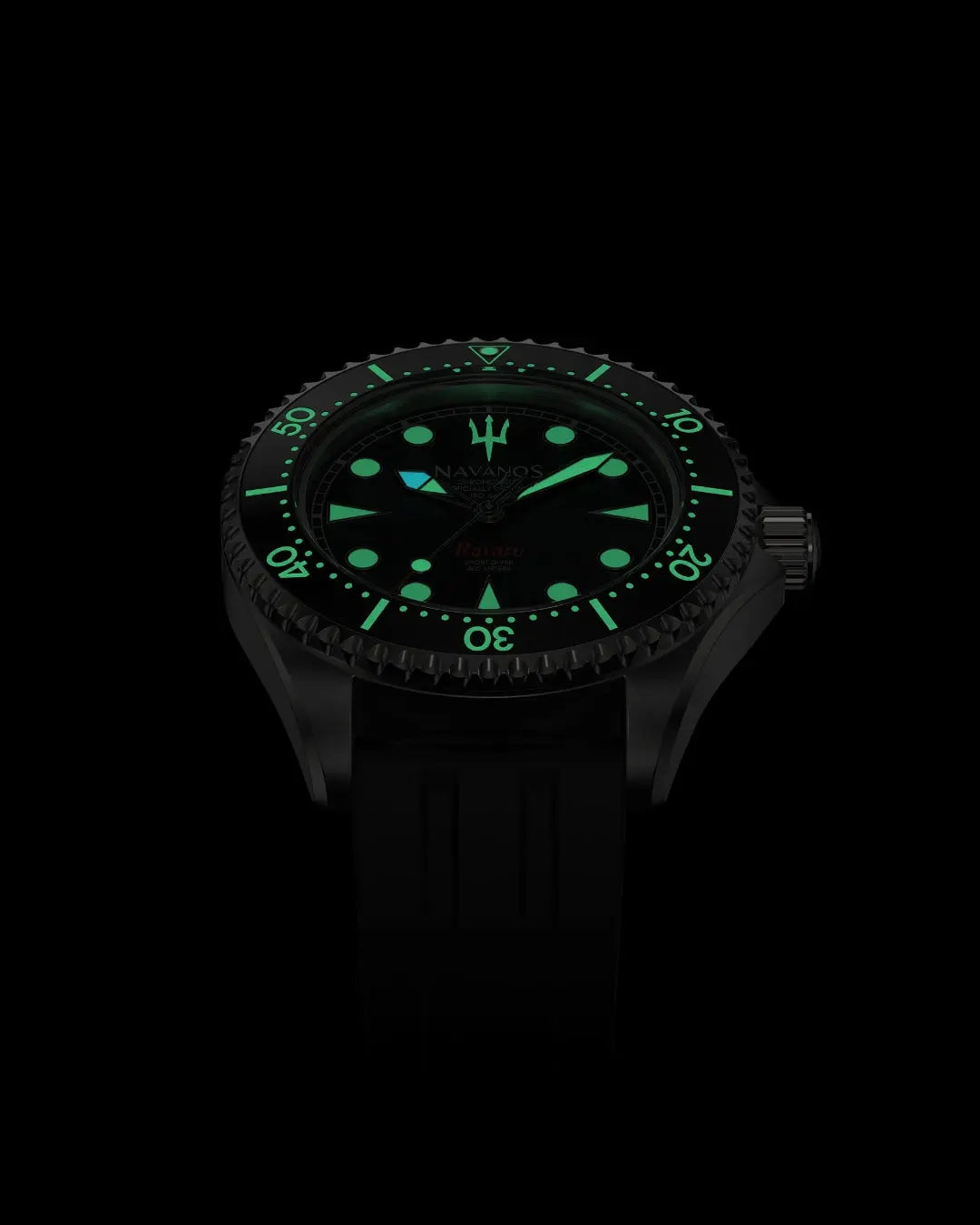 Navanos Ravaro Swiss automatic dive watch in complete darkness with powerful green Super-LumiNova lume fully illuminating the black dial, markers, hands, trident logo, and bezel pip, paired with black FKM rubber strap, 300m water resistance, COSC-certified Soprod P024 movement, angled studio lume shot on black background.
