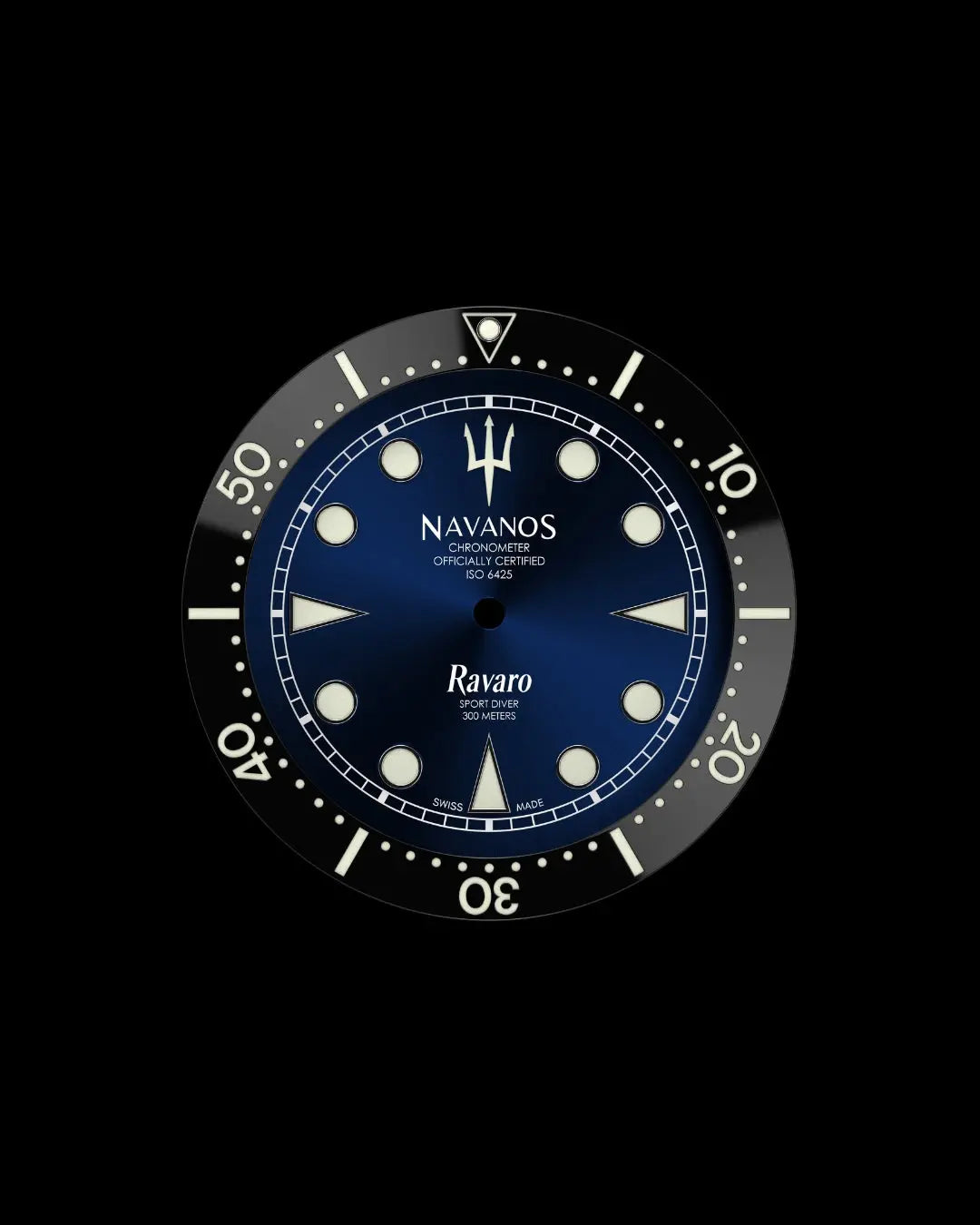 Navanos Ravaro dive watch dial and bezel close-up featuring blue sunburst dial with cream luminous markers, trident logo, white "Ravaro" script, "Sport Diver 300 Meters" and "Chronometer Officially Certified ISO 6425" text, black ceramic unidirectional bezel insert with cream numerals, and luminous pip at 12 o'clock, on black background.