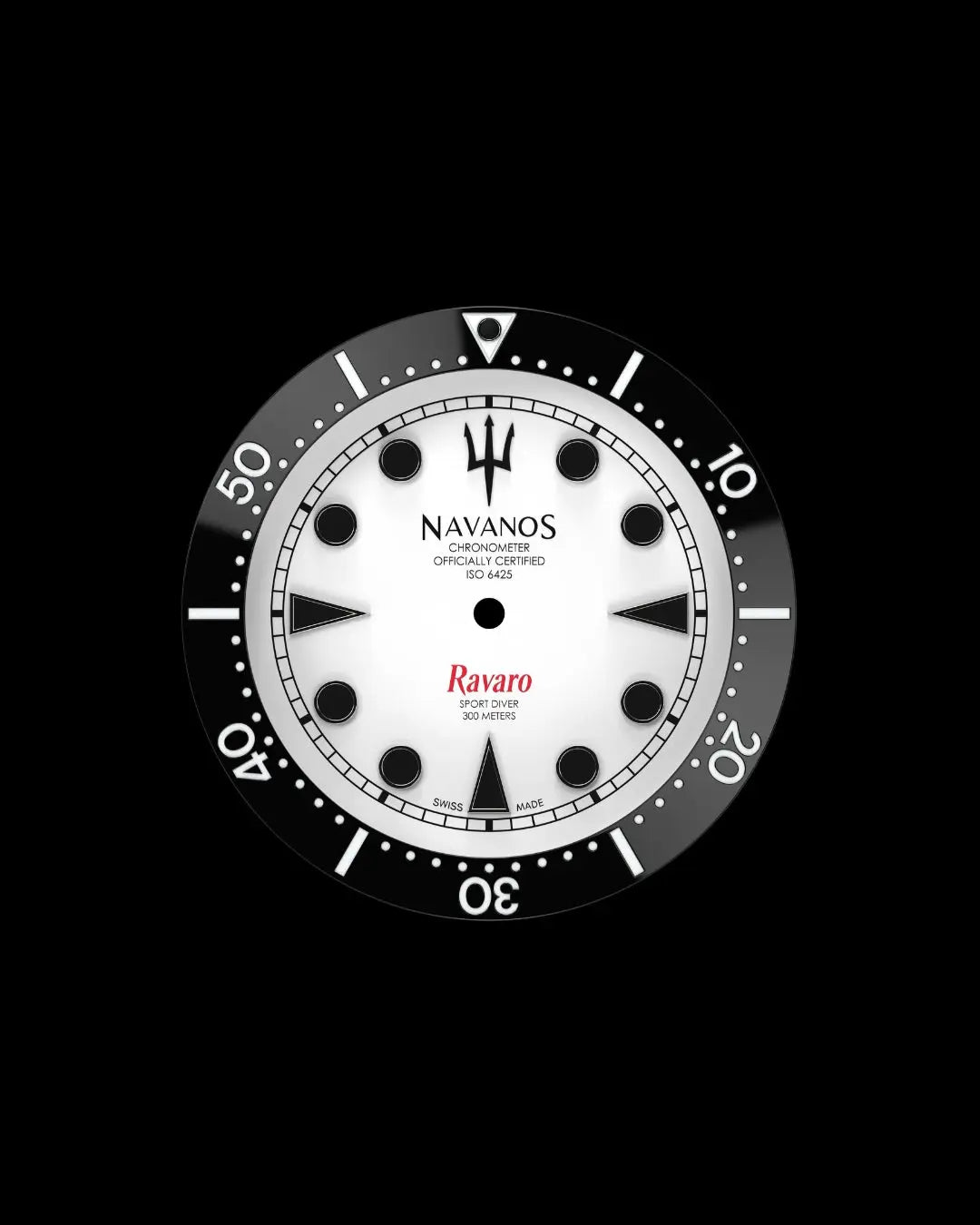 Navanos Ravaro dive watch dial and bezel close-up featuring white dial with black luminous markers, trident logo, red "Ravaro" script, "Sport Diver 300 Meters" and "Chronometer Officially Certified ISO 6425" text, black ceramic unidirectional bezel insert with white numerals, and luminous pip at 12 o'clock, on black background.