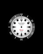 Navanos Ravaro dive watch dial and bezel close-up featuring white dial with black luminous markers, trident logo, red "Ravaro" script, "Sport Diver 300 Meters" and "Chronometer Officially Certified ISO 6425" text, black ceramic unidirectional bezel insert with white numerals, and luminous pip at 12 o'clock, on black background.