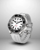 Navanos Ravaro Swiss automatic dive watch with white dial, black luminous markers, red "Ravaro" script, black ceramic unidirectional bezel, 300m water resistance, COSC-certified Soprod P024 movement, sapphire crystal, and matching white FKM rubber strap, angled studio shot on light gray background.