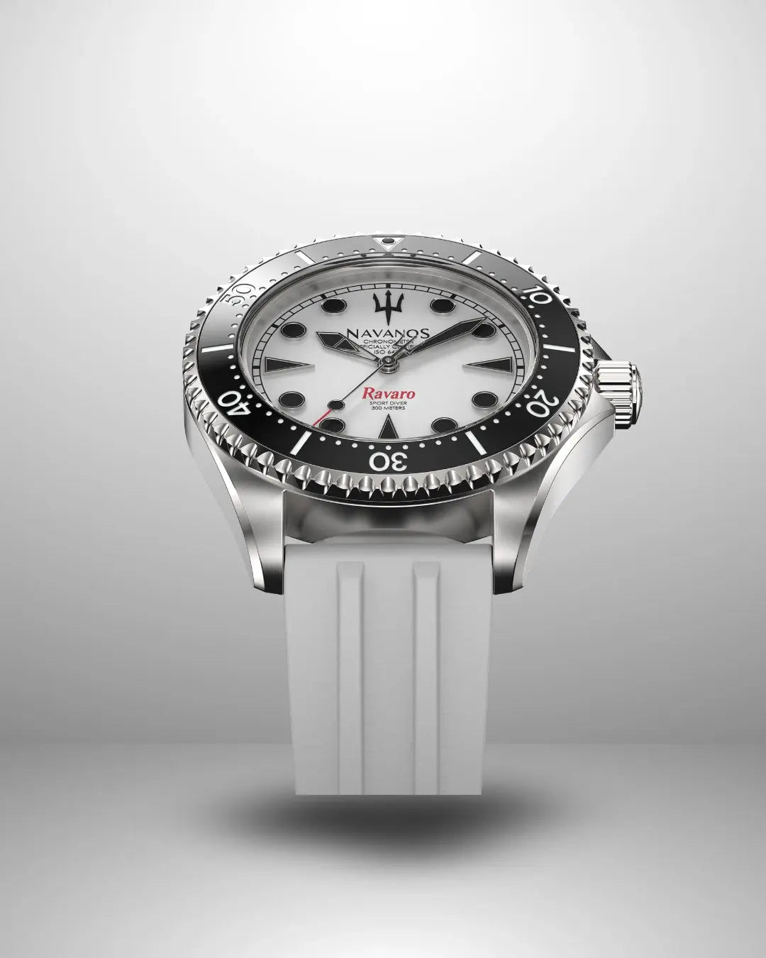 Navanos Ravaro Swiss automatic dive watch with white dial, black luminous markers, red "Ravaro" script, black ceramic unidirectional bezel, 300m water resistance, COSC certification, and white FKM rubber strap, shown in studio on light gray background.