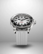Navanos Ravaro Swiss automatic dive watch with white dial, black luminous markers, red "Ravaro" script, black ceramic unidirectional bezel, 300m water resistance, COSC certification, and white FKM rubber strap, shown in studio on light gray background.