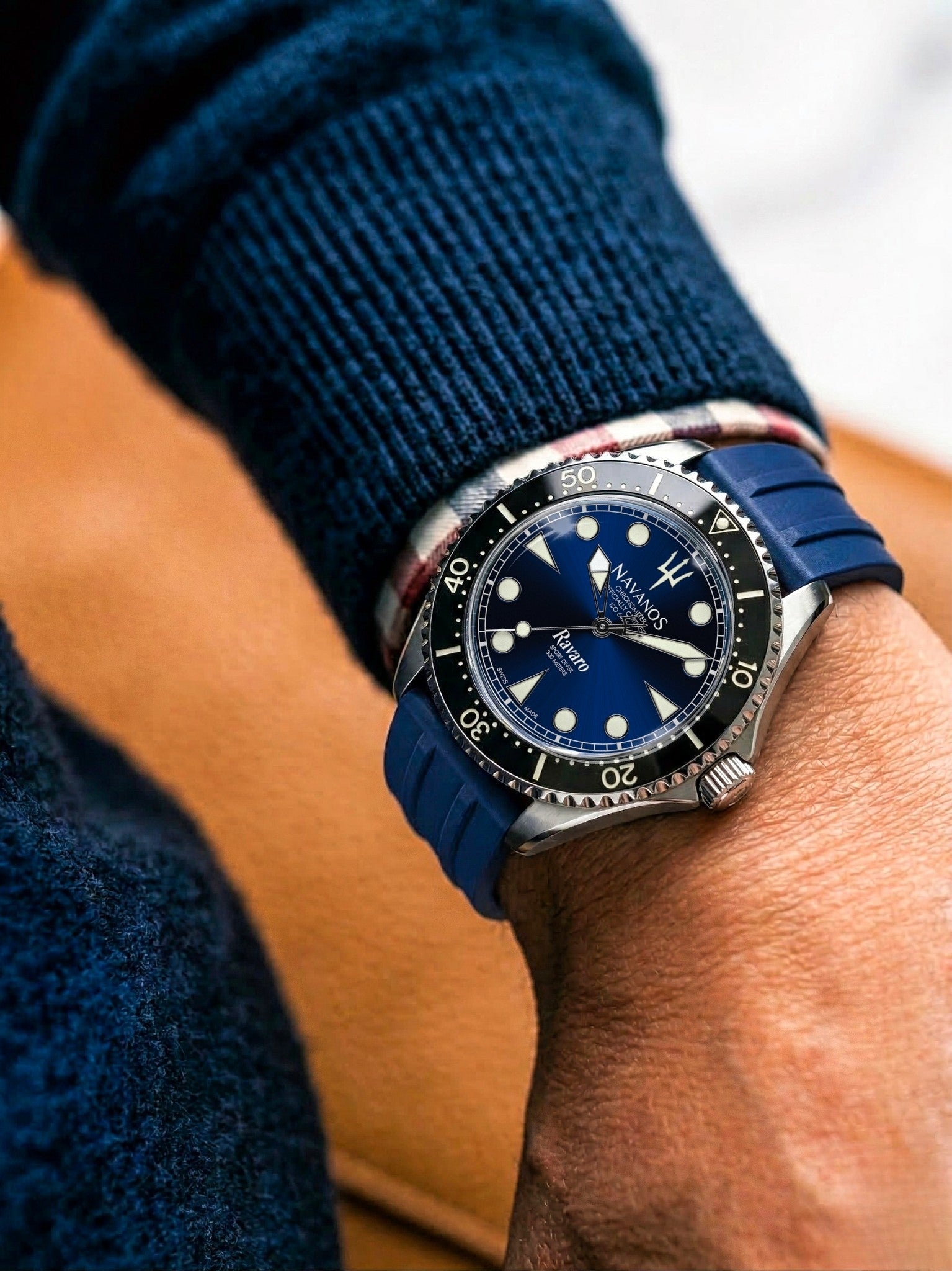 Navanos Ravaro Diver blue dial luxury dive watch on wrist with rubber strap everyday wear