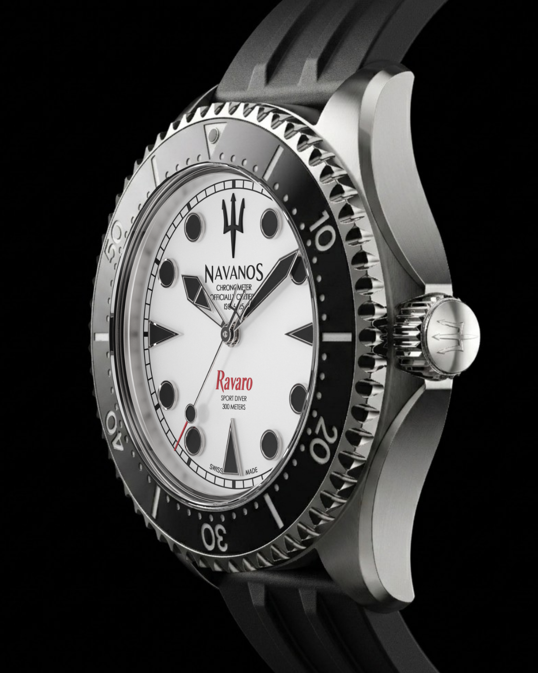 Navanos Ravaro Diver luxury dive watch with white coral white dial and black bezel, stainless steel case and rubber strap studio close-up.