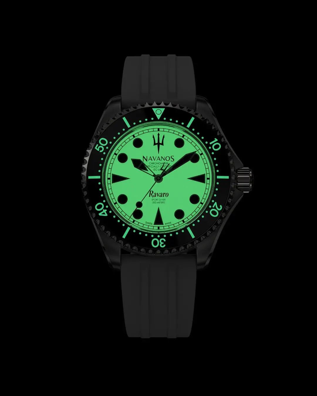 Navanos Ravaro Swiss automatic dive watch in complete darkness with full Super-LumiNova luminescence glowing bright green on the entire dial, markers, hands, and bezel pip, paired with black FKM rubber strap, 300m water resistance, COSC-certified Soprod P024 movement, studio lume shot on black background.