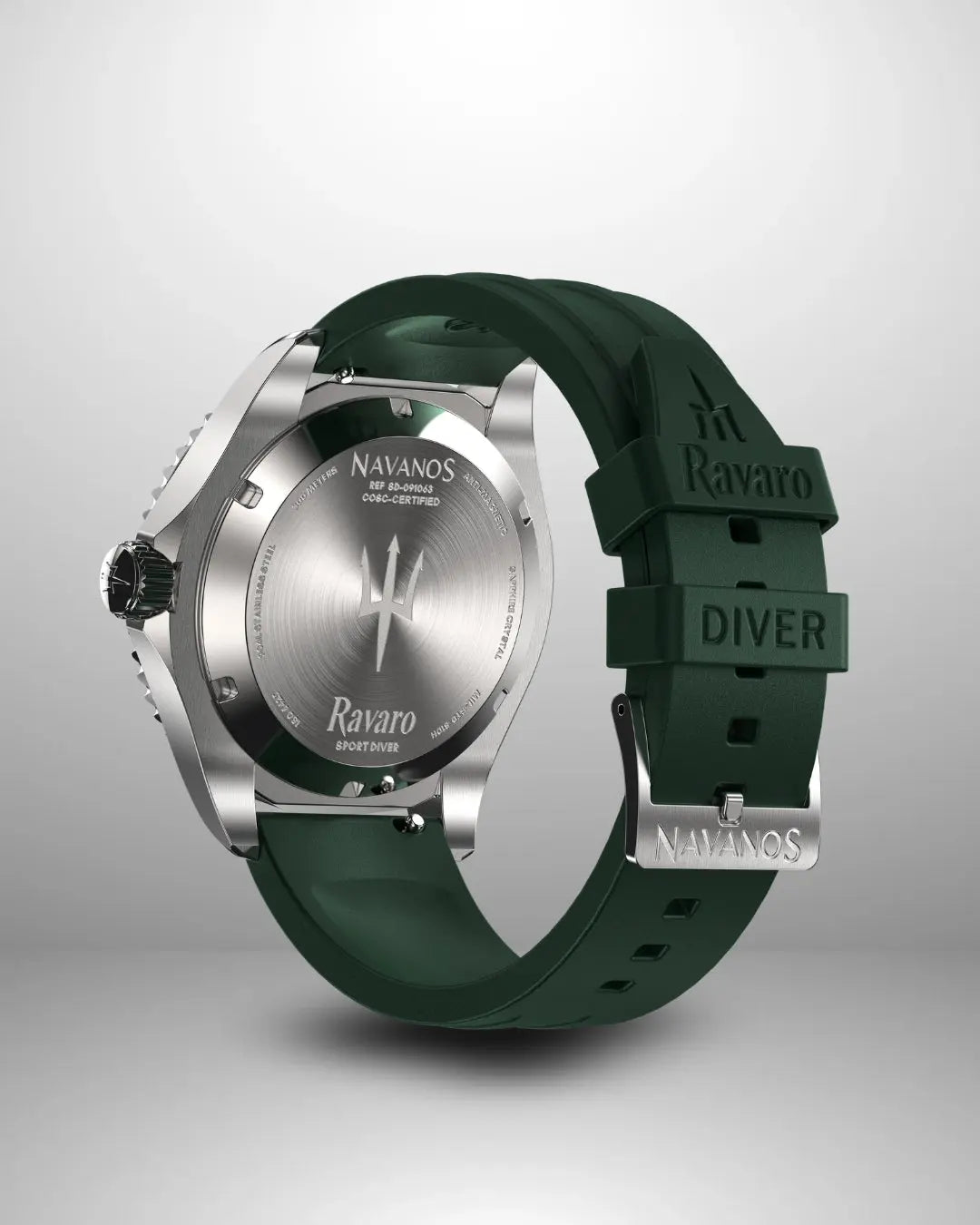 Navanos Ravaro Swiss automatic dive watch caseback view showing engraved trident logo, "Ravaro Sport Diver" script, COSC-certified marking, solid screw-down stainless steel caseback, paired with green FKM rubber strap featuring embossed "Ravaro DIVER" and "NAVANOS" branding, studio shot on light gray background.