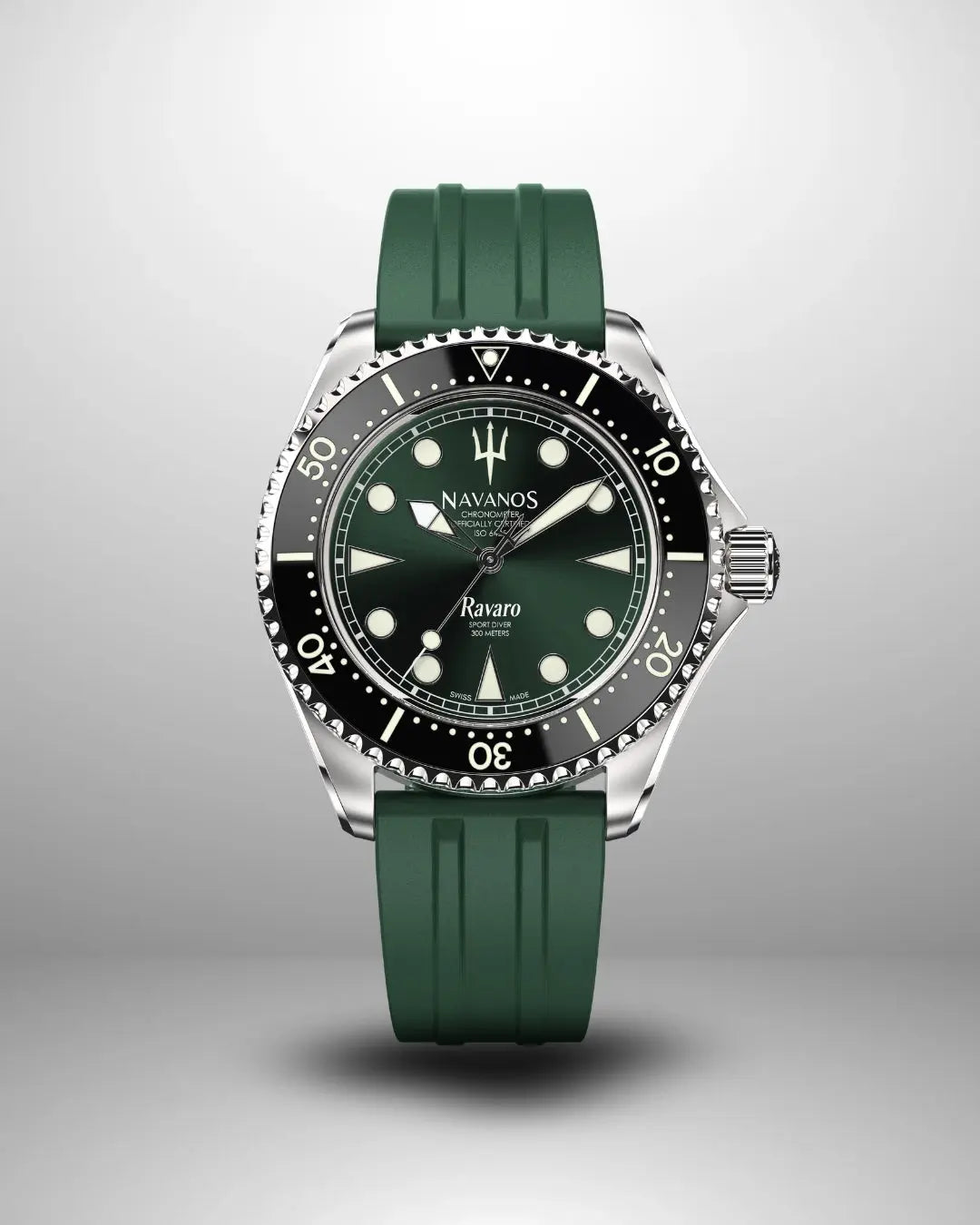 Navanos Ravaro Swiss automatic dive watch with green sunburst dial, cream luminous markers and hands, black ceramic unidirectional bezel, 300m water resistance, COSC-certified Soprod P024 movement, sapphire crystal, and matching forest green FKM rubber strap, studio shot on light gray background.