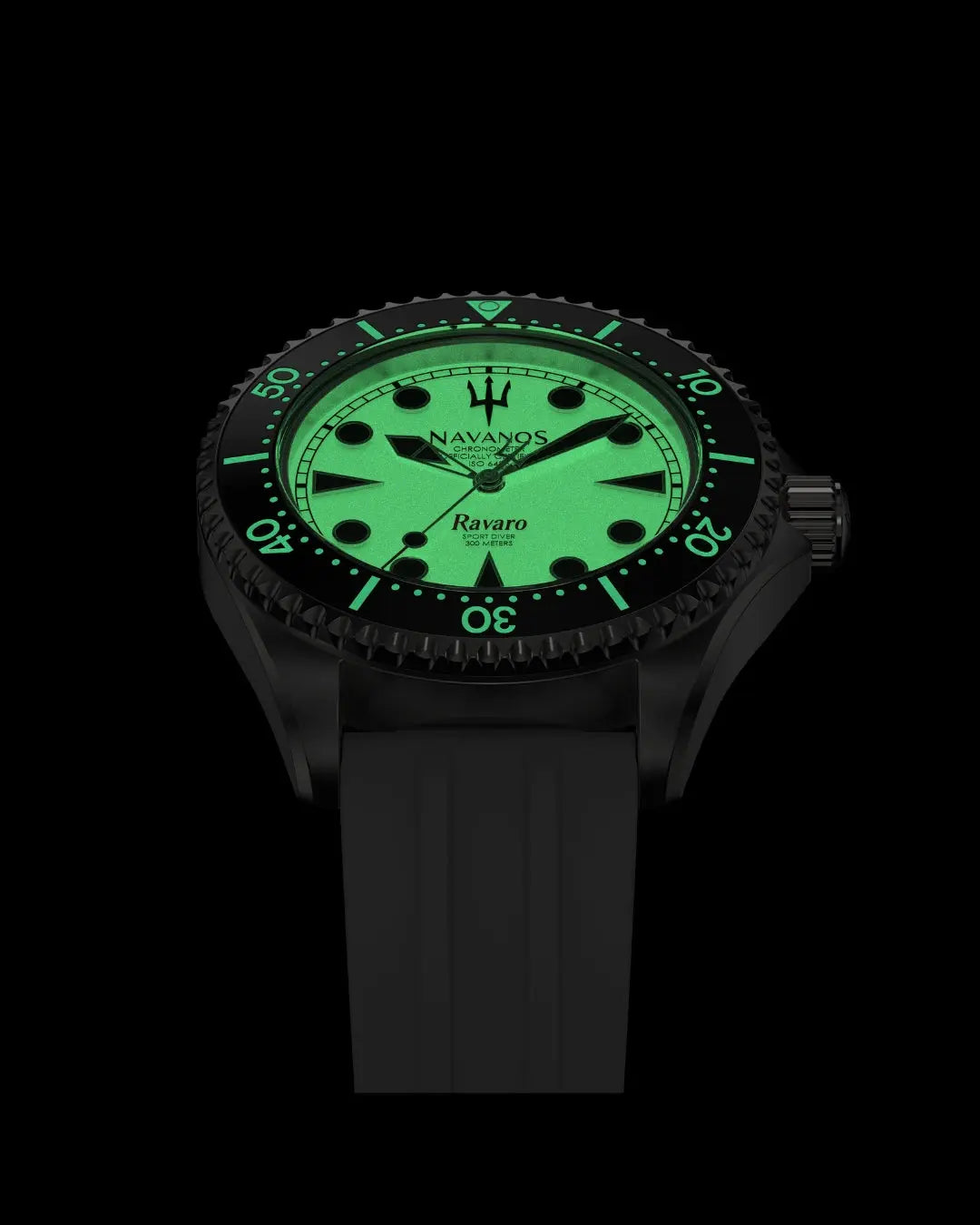 Navanos Ravaro Swiss automatic dive watch in complete darkness with full Super-LumiNova luminescence glowing bright green on dial, pip, white FKM rubber strap, 300m water resistance, COSC-certified Soprod P024 movement, studio lume shot on black background.