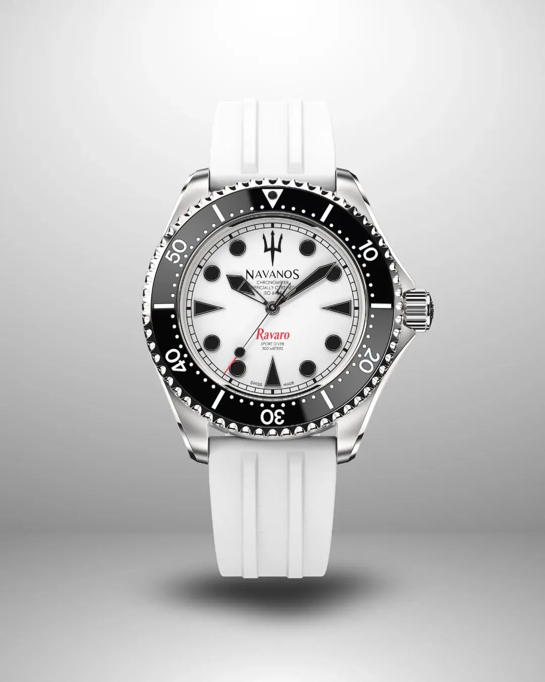 Navanos Ravaro Swiss automatic dive watch with white dial, luminous black markers, black ceramic unidirectional bezel, red accents, 300m water resistance, COSC chronometer certification, and white FKM rubber strap, on light gray background.