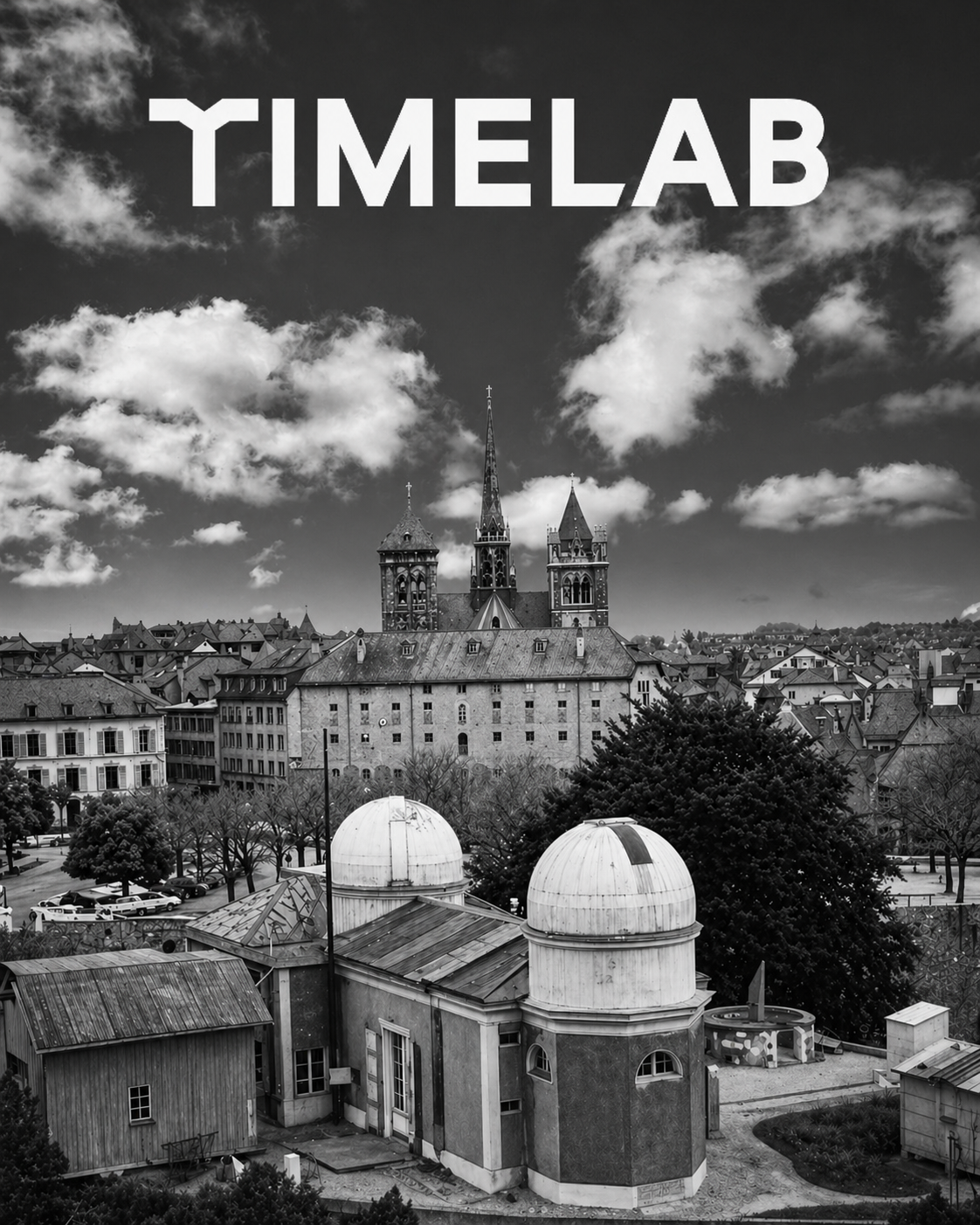 TIMELAB Switzerland independent watch testing laboratory building with city skyline in black and white.